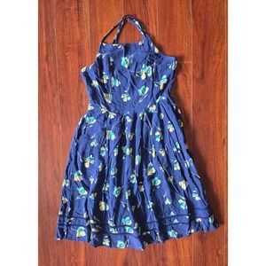 SO Navy Blue Floral Halter Sun Dress Smocked Back Boho Summer Womens Size M